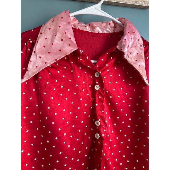 Vintage 50s Pink and Red Heart Satin Button Down Long Sleeve Blouse - Picture 2 of 6